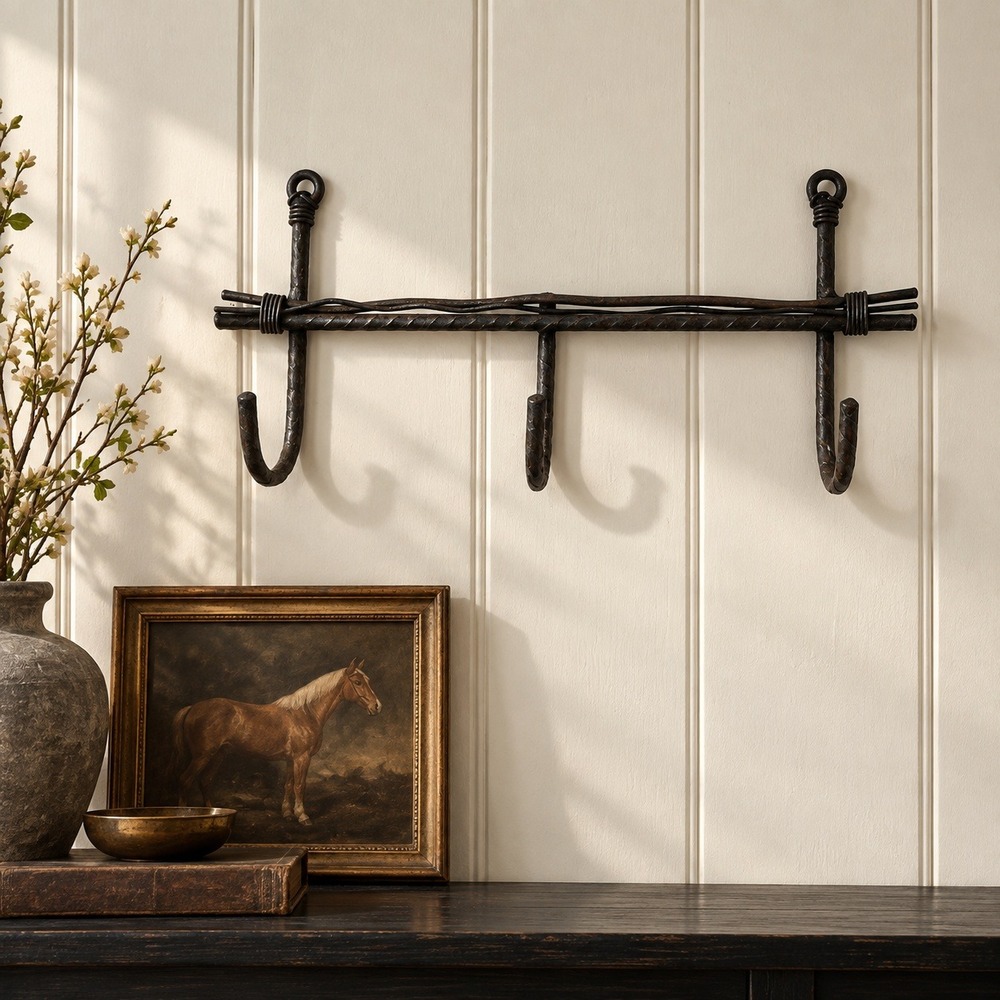 Vintage Metal 3 Hook Wall Rack, Twisted Bar Entryway Organizer